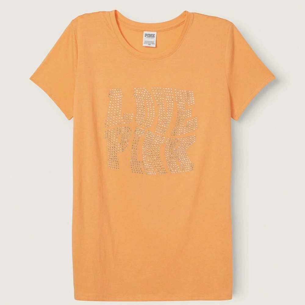 Victoria Secret PINK Perfect T-Shirt - Warped logo Love Pink Orange Studded L